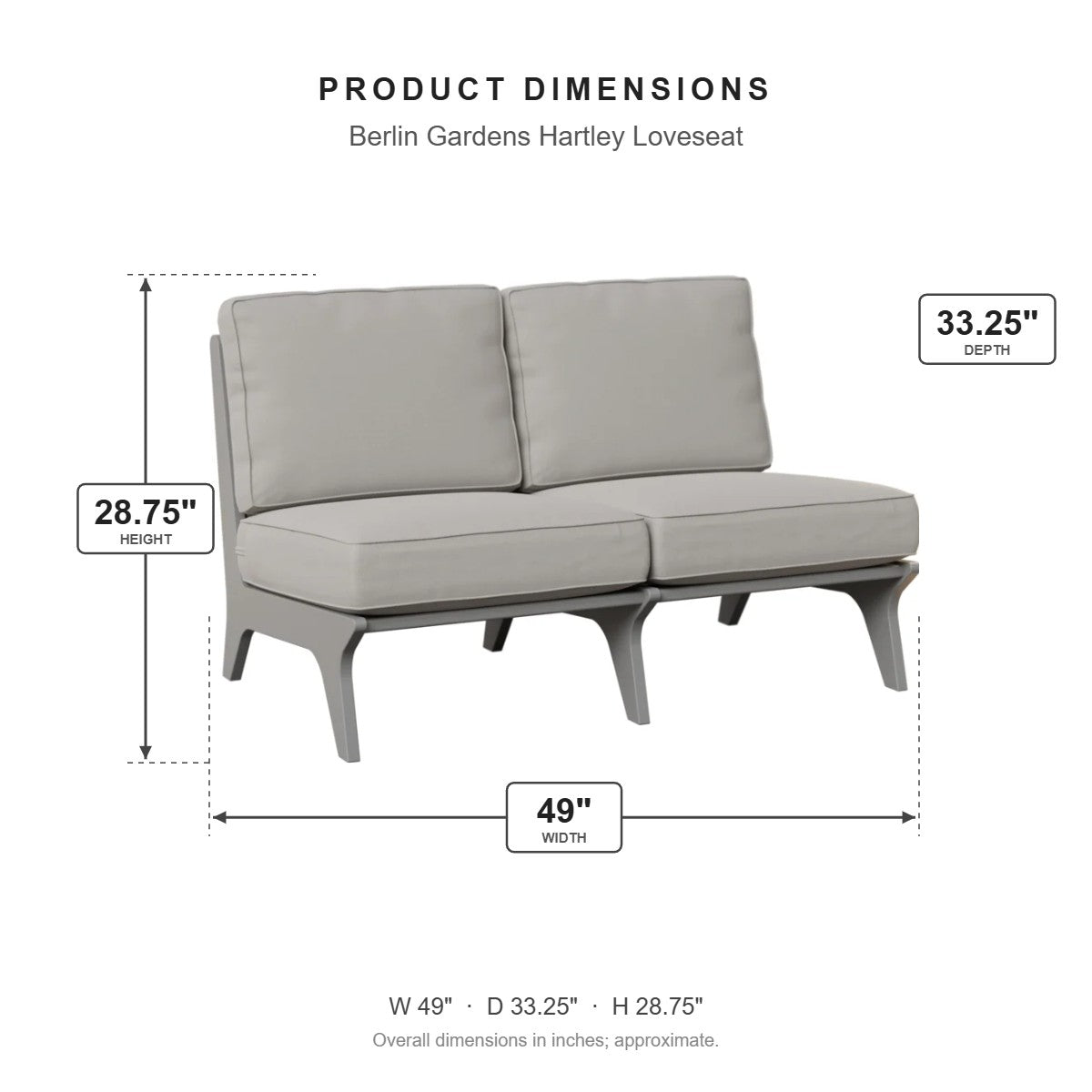 Berlin Gardens Hartley Loveseat dimensions: 49 in W x 33.25 in D x 28.75 in H