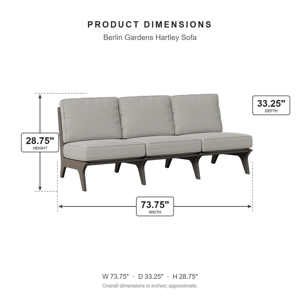 Berlin Gardens Hartley Sofa dimensions: 73.75 in W x 33.25 in D x 28.75 in H