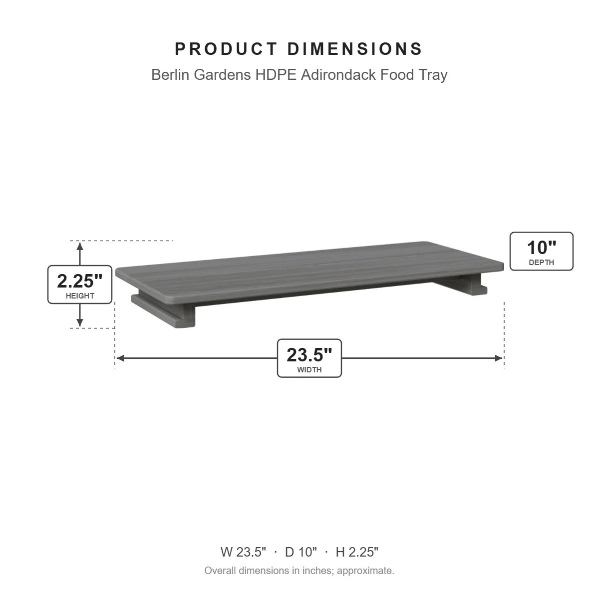 Berlin Gardens HDPE Adirondack Food Tray dimensions: 23.5 in W x 10 in D x 2.125 in H