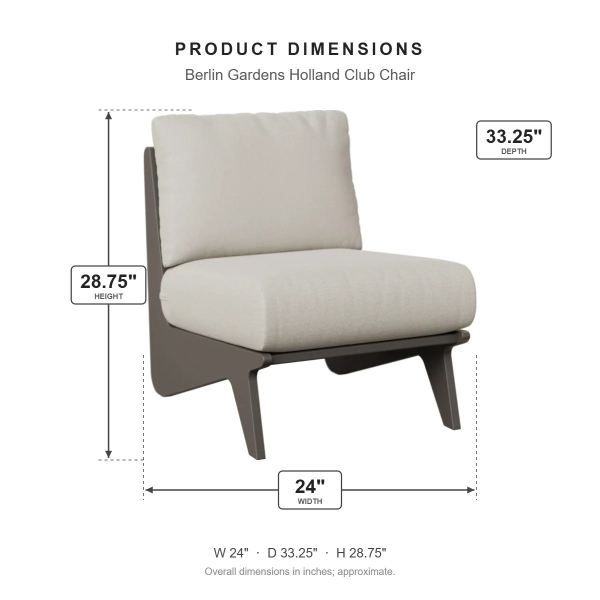Berlin Gardens Holland Club Chair dimensions: 24 in W x 33.25 in D x 28.75 in H