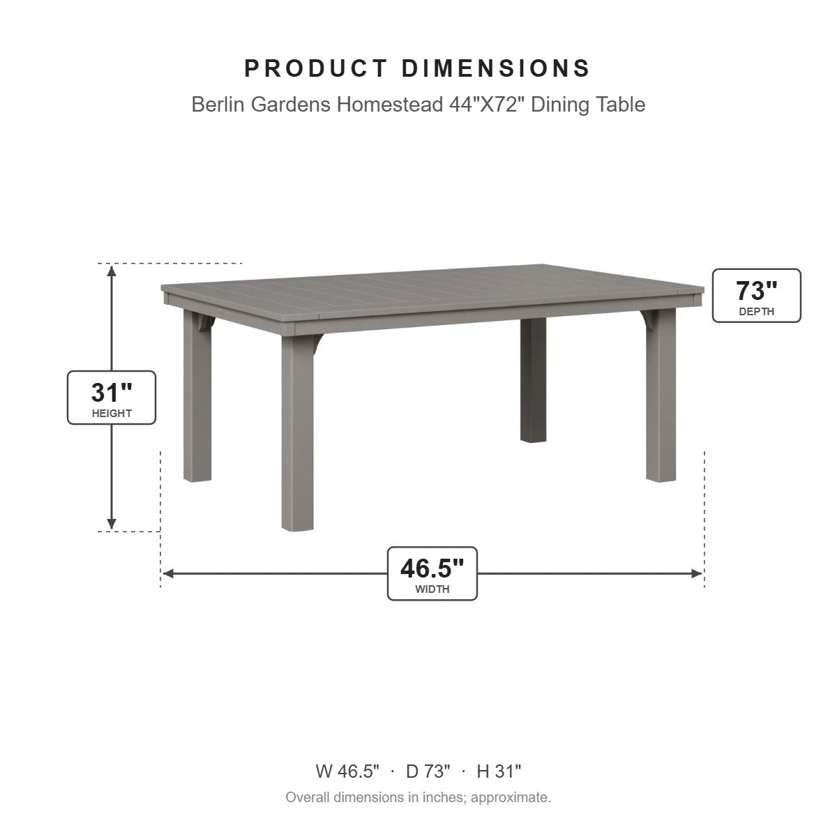 Berlin Gardens Homestead 44"X72" Dining Table dimensions: 46.5 in W x 73 in D x 31 in H
