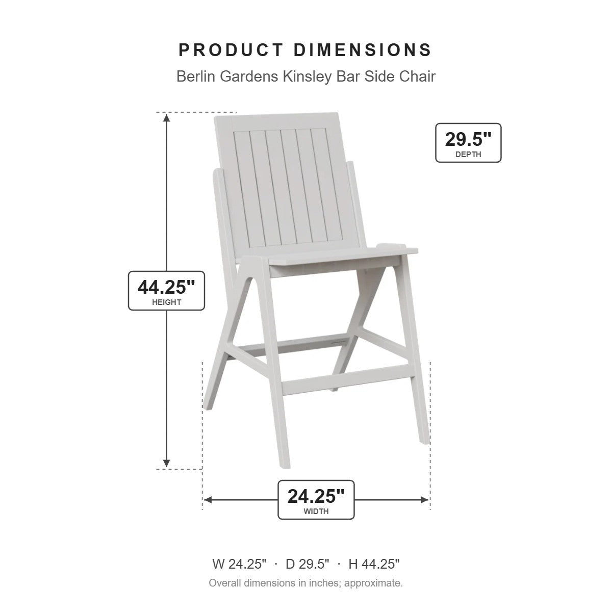 Berlin Gardens Kinsley Bar Side Chair dimensions: 24.25 in W x 29.5 in D x 44.25 in H