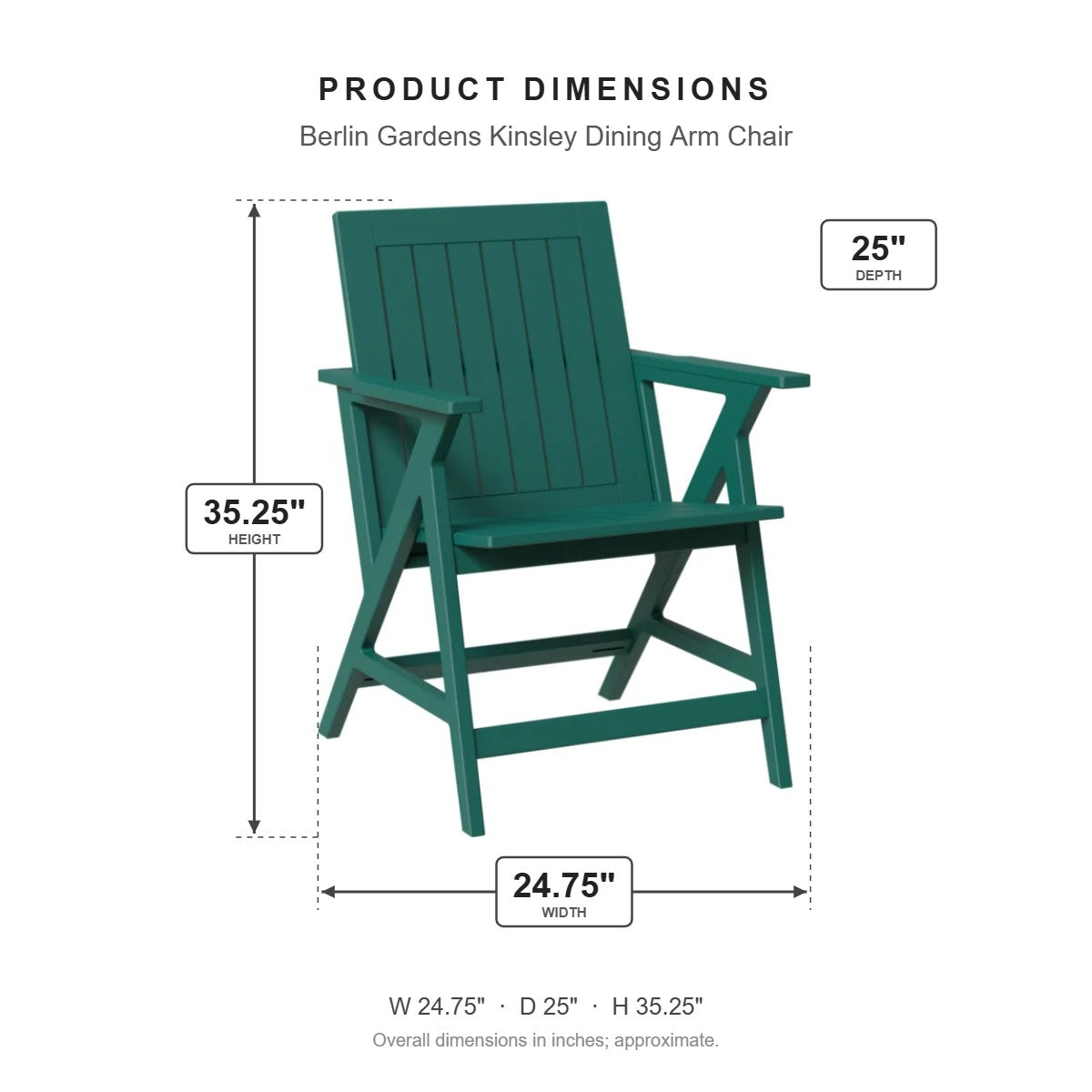 Berlin Gardens Kinsley Dining Arm Chair dimensions: 24.75 in W x 25 in D x 35.25 in H