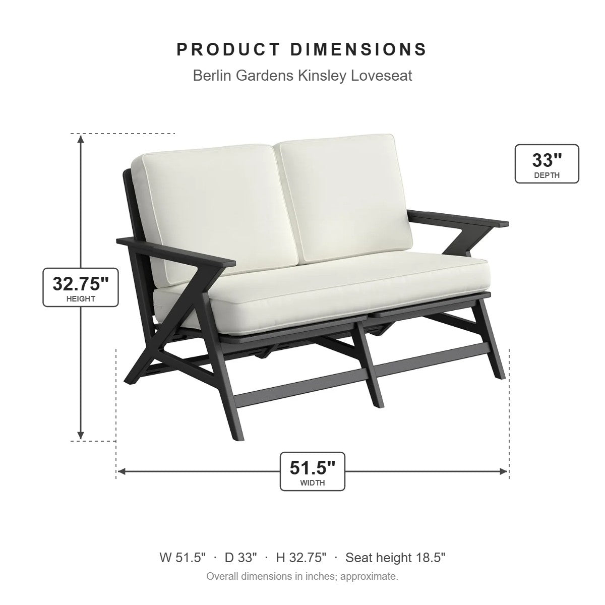 Berlin Gardens Kinsley Loveseat dimensions: 51.5 in W x 33 in D x 32.75 in H