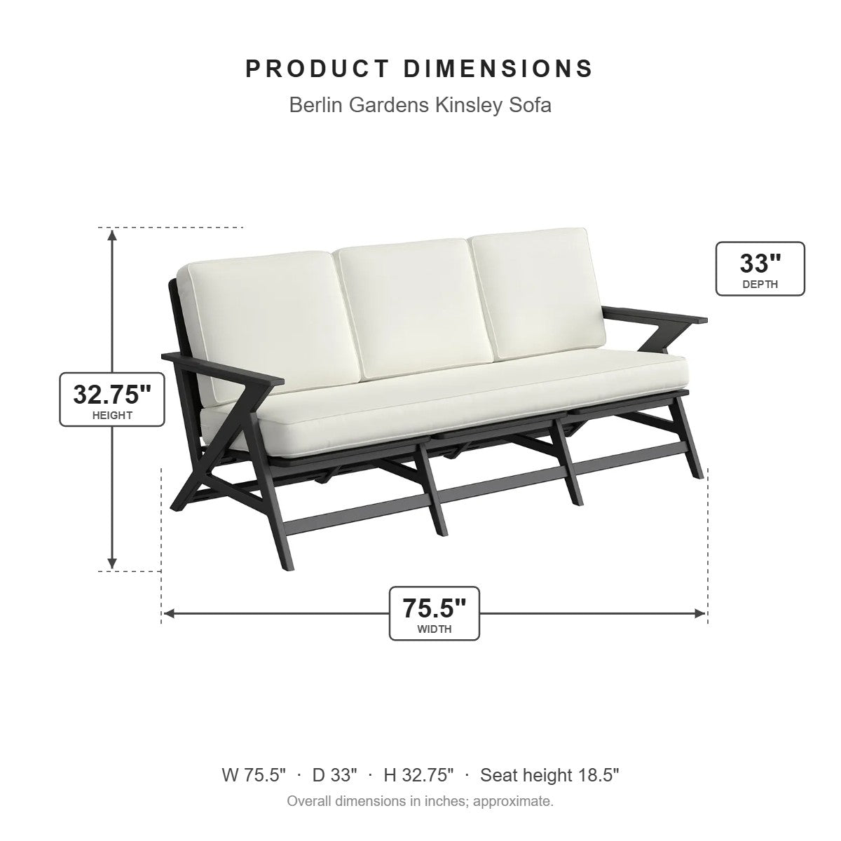 Berlin Gardens Kinsley Sofa dimensions: 75.5 in W x 33 in D x 32.75 in H