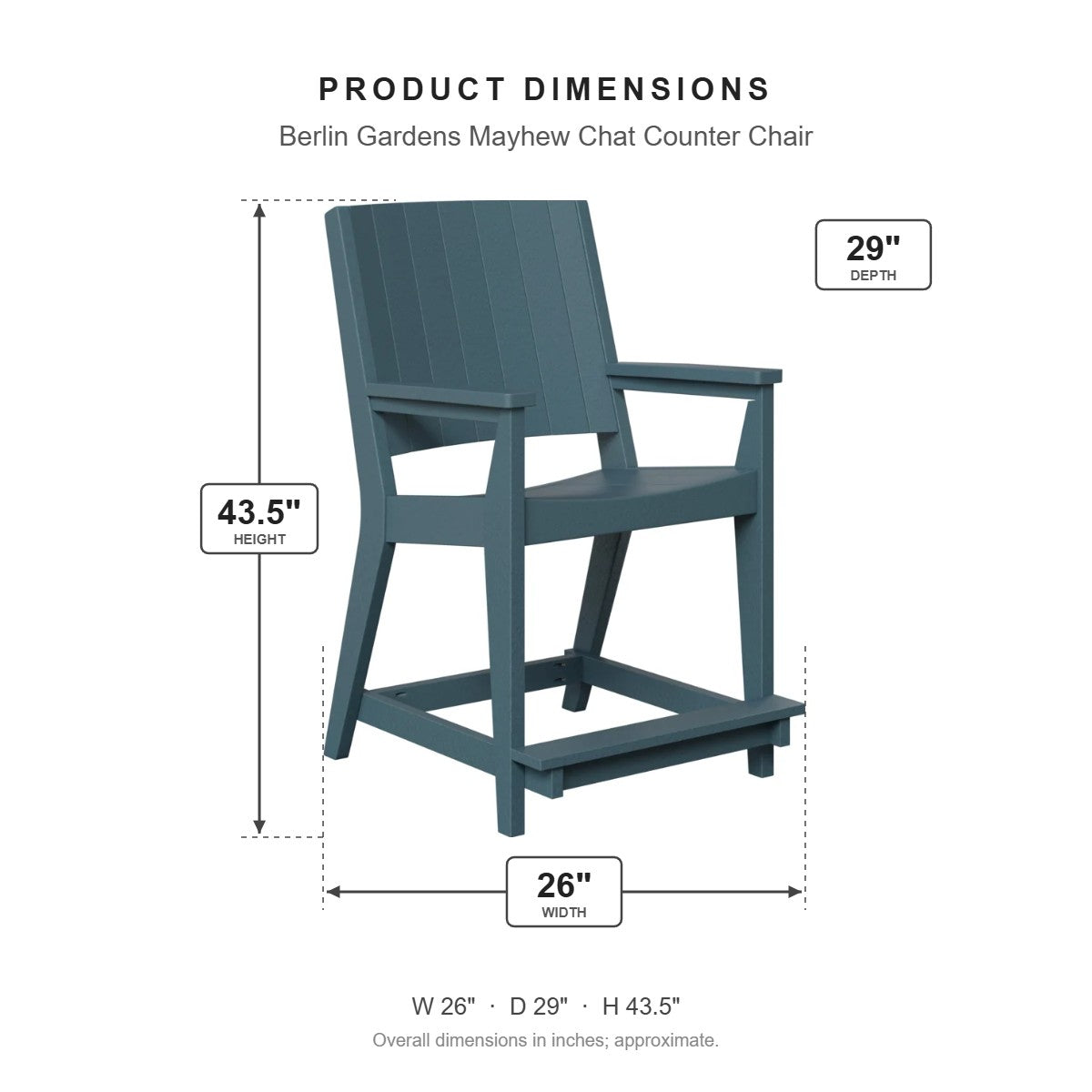 Berlin Gardens Mayhew Chat Counter Chair dimensions: 26 in W x 29 in D x 43.5 in H