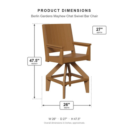 Berlin Gardens Mayhew Chat Swivel Bar Chair dimensions: 26 in W x 27 in D x 47.5 in H
