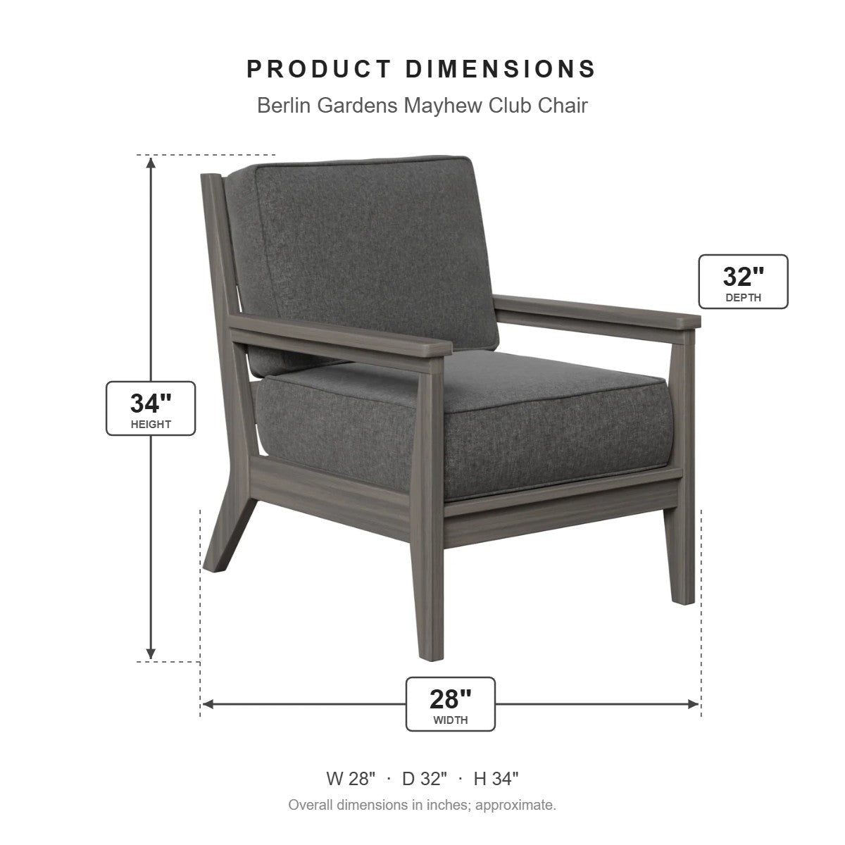 Berlin Gardens Mayhew Club Chair dimensions: 28 in W x 32 in D x 34 in H
