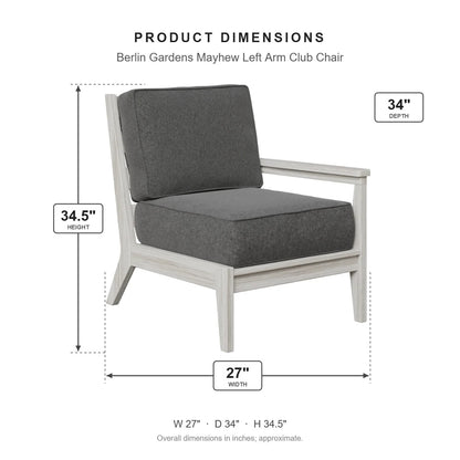Berlin Gardens Mayhew Left Arm Club Chair dimensions: 27 in W x 34 in D x 34.5 in H