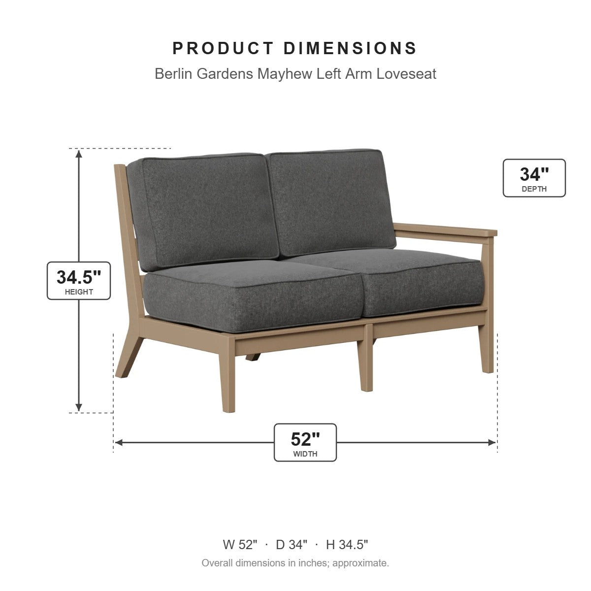 Berlin Gardens Mayhew Left Arm Loveseat dimensions: 52 in W x 34 in D x 34.5 in H