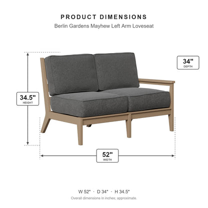 Berlin Gardens Mayhew Left Arm Loveseat dimensions: 52 in W x 34 in D x 34.5 in H