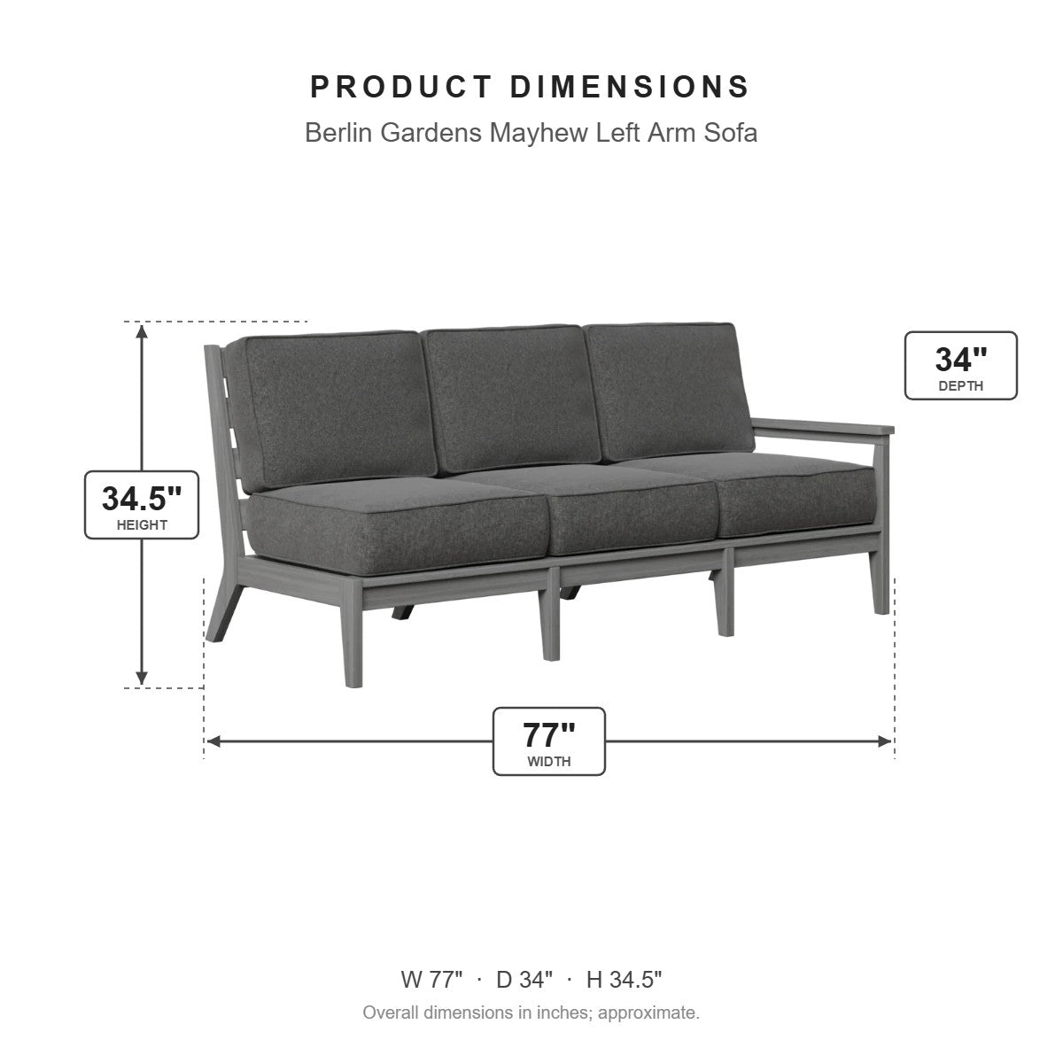 Berlin Gardens Mayhew Left Arm Sofa dimensions: 77 in W x 34 in D x 34.5 in H