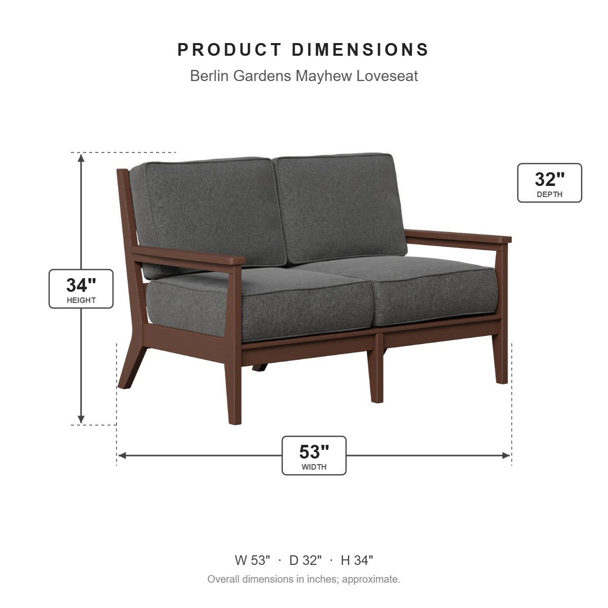 Berlin Gardens Mayhew Loveseat dimensions: 53 in W x 32 in D x 34 in H