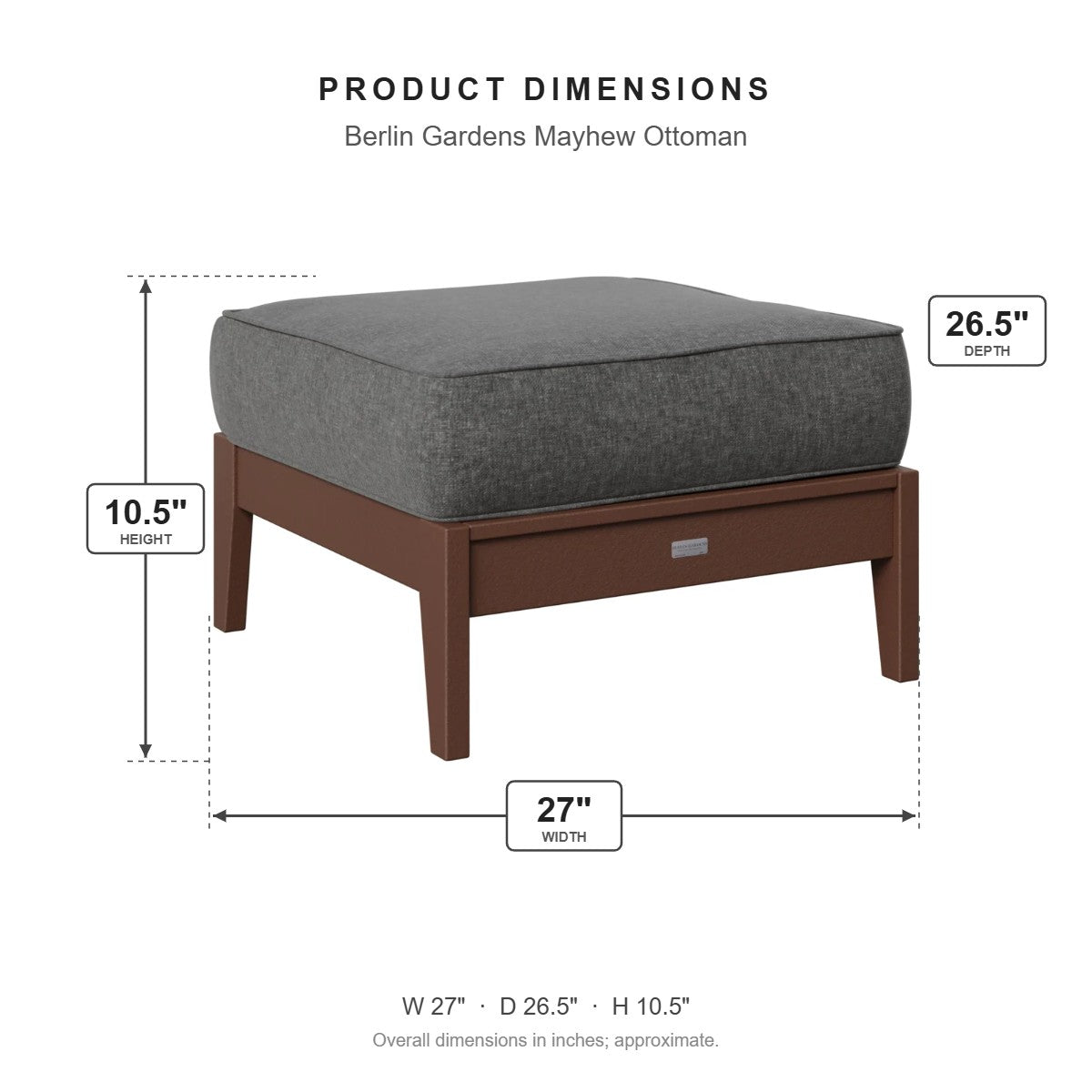 Berlin Gardens Mayhew Ottoman dimensions: 27 in W x 26.5 in D x 10.5 in H