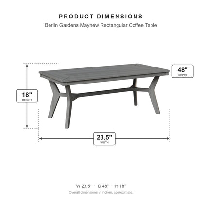 Berlin Gardens Mayhew Rectangular Coffee Table dimensions: 23.5 in W x 48 in D x 18 in H