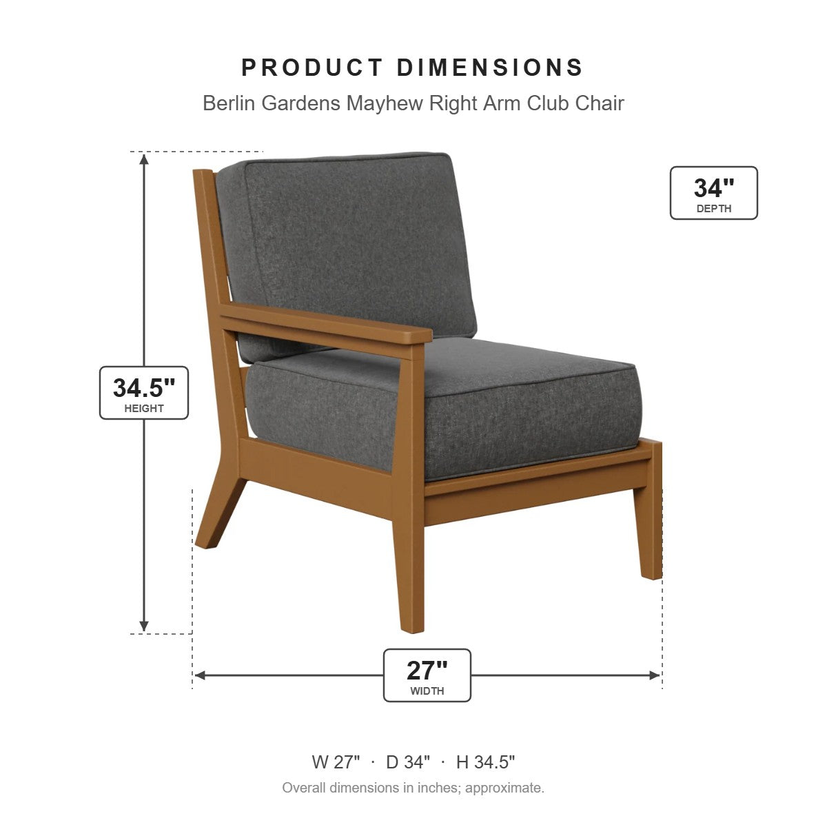 Berlin Gardens Mayhew Right Arm Club Chair dimensions: 27 in W x 34 in D x 34.5 in H