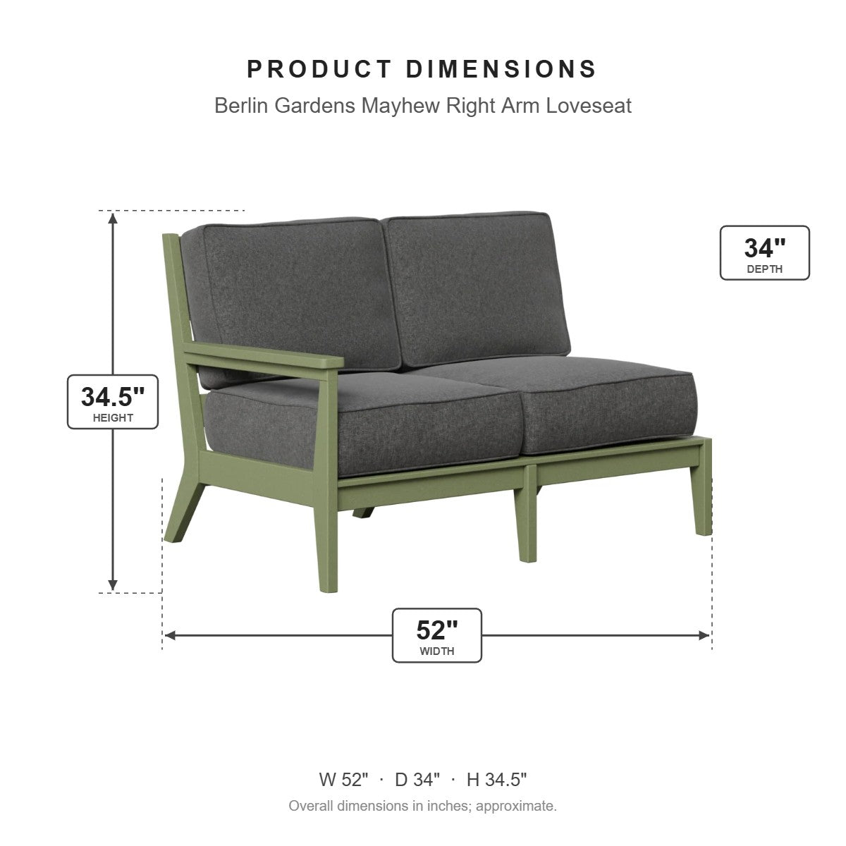Berlin Gardens Mayhew Right Arm Loveseat dimensions: 52 in W x 34 in D x 34.5 in H