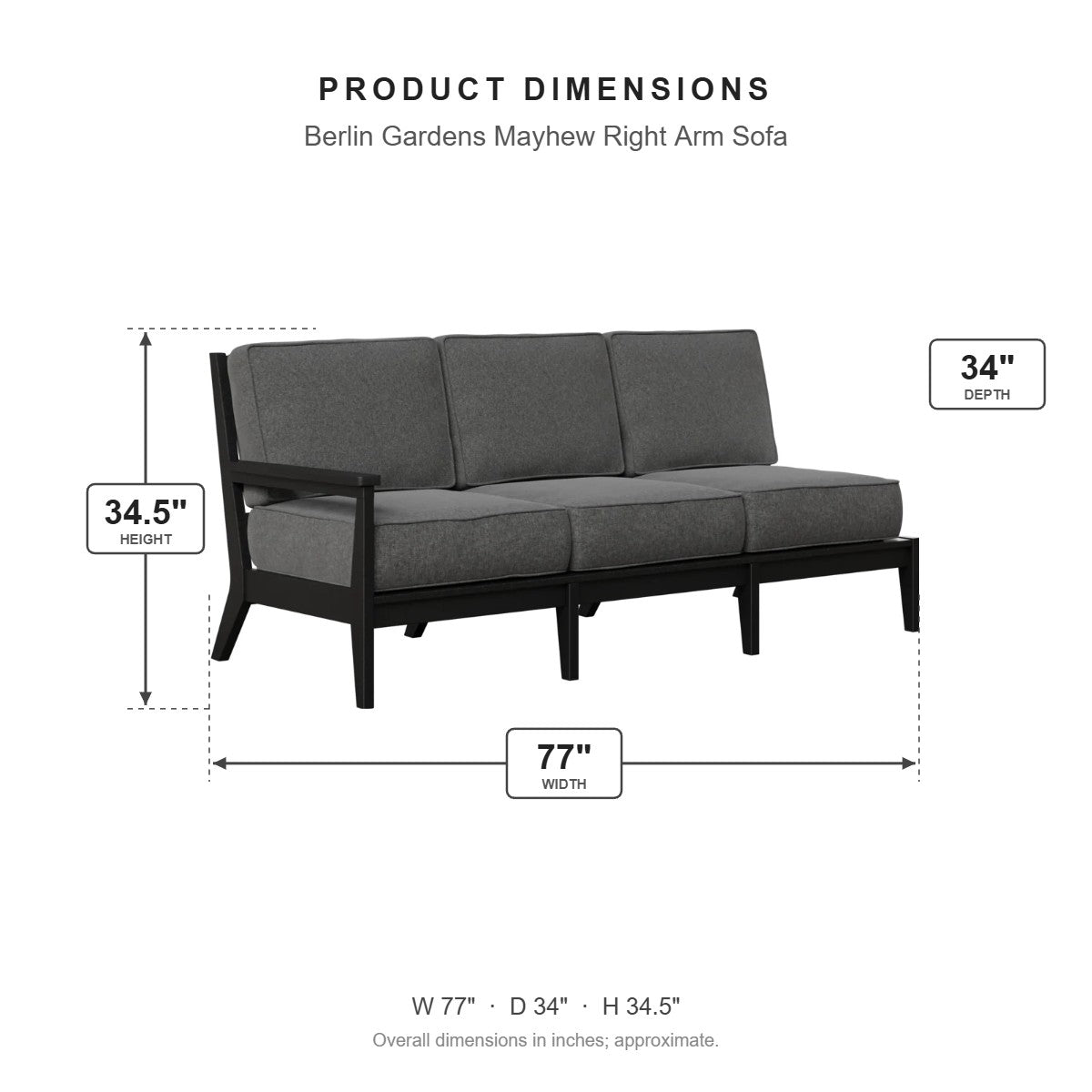 Berlin Gardens Mayhew Right Arm Sofa dimensions: 77 in W x 34 in D x 34.5 in H