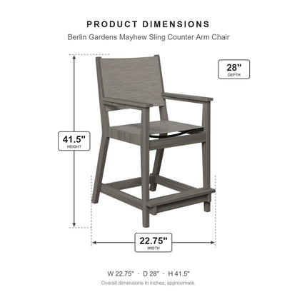 Berlin Gardens Mayhew Sling Counter Arm Chair dimensions: 22.75 in W x 28 in D x 41.5 in H