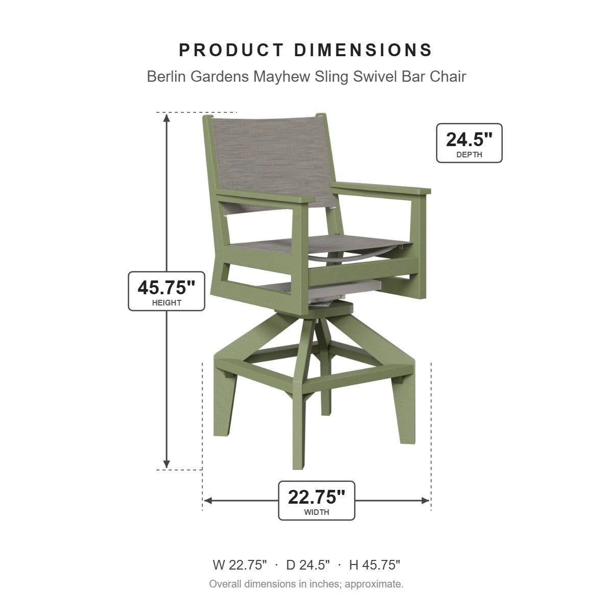 Berlin Gardens Mayhew Sling Swivel Bar Chair dimensions: 22.75 in W x 24.5 in D x 45.75 in H