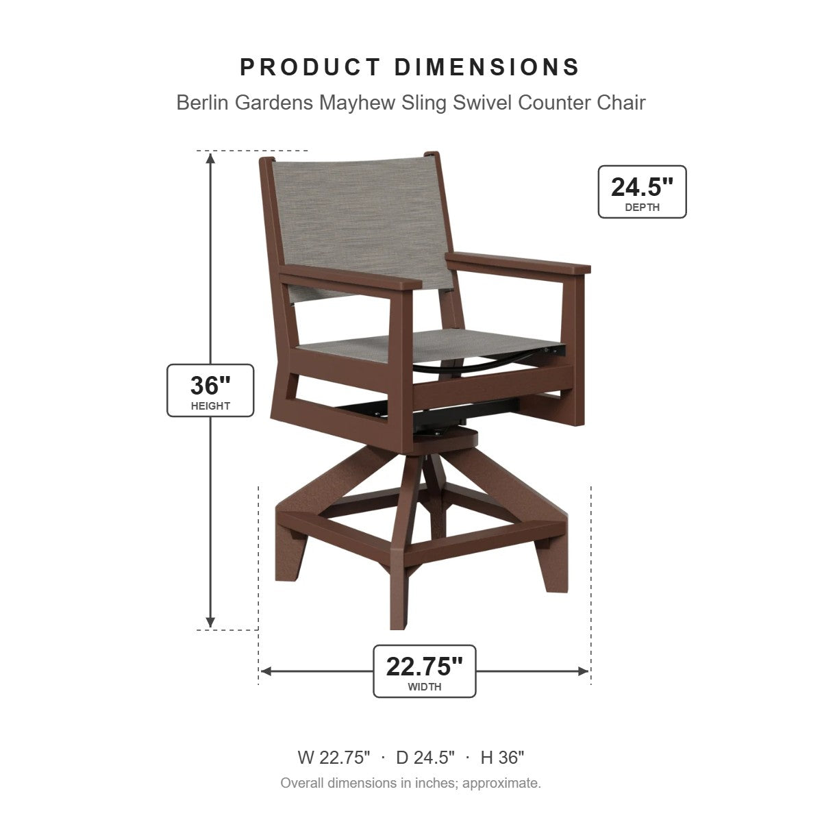 Berlin Gardens Mayhew Sling Swivel Counter Chair dimensions: 22.75 in W x 24.5 in D x 36 in H