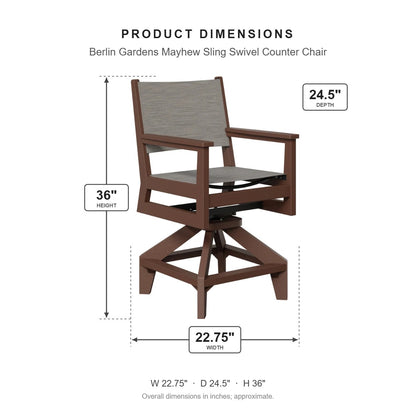 Berlin Gardens Mayhew Sling Swivel Counter Chair dimensions: 22.75 in W x 24.5 in D x 36 in H