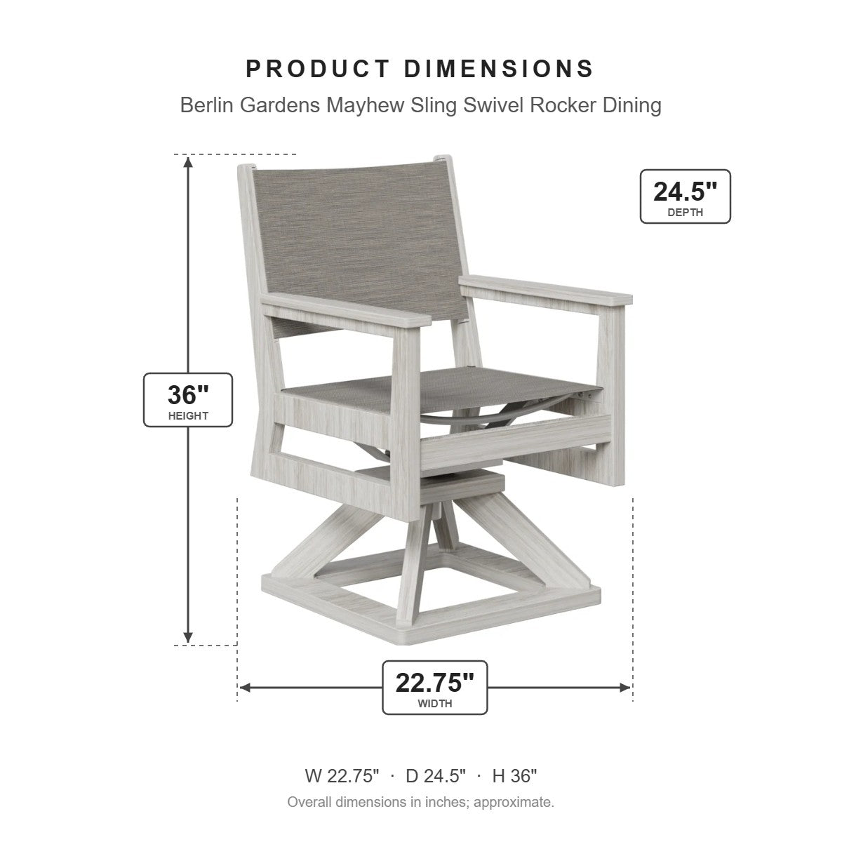 Berlin Gardens Mayhew Sling Swivel Rocker Dining dimensions: 22.75 in W x 24.5 in D x 36 in H