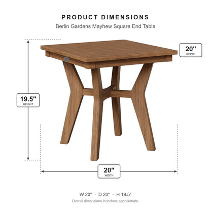 Berlin Gardens Mayhew Square End Table dimensions: 20 in W x 20 in D x 19.5 in H
