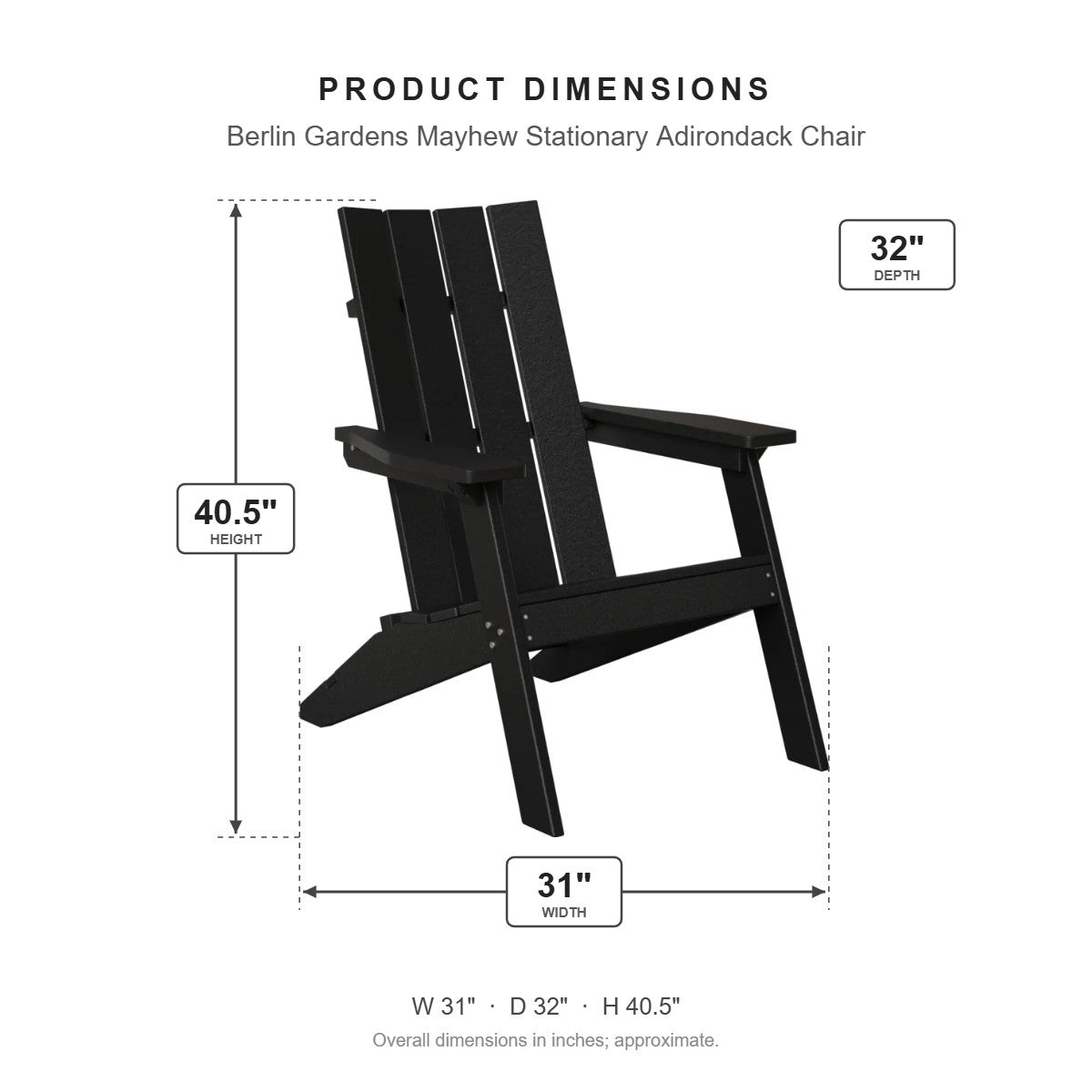 Berlin Gardens Mayhew Stationary Adirondack Chair dimensions: 31 in W x 32 in D x 40.5 in H