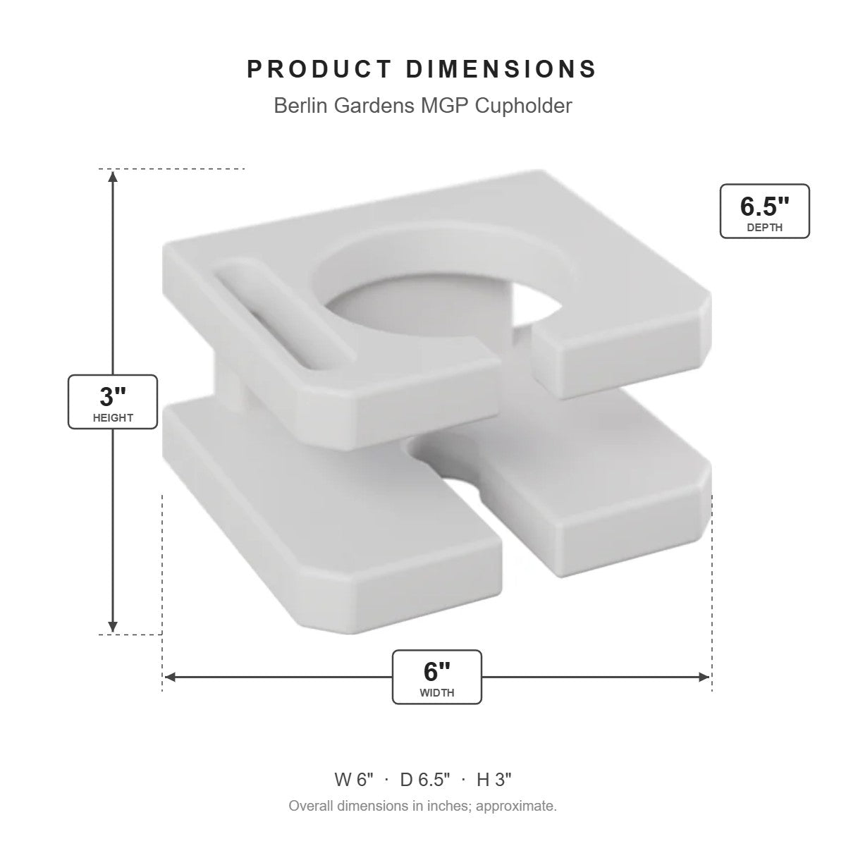 Berlin Gardens MGP Cupholder dimensions: 6 in W x 6.375 in D x 3 in H