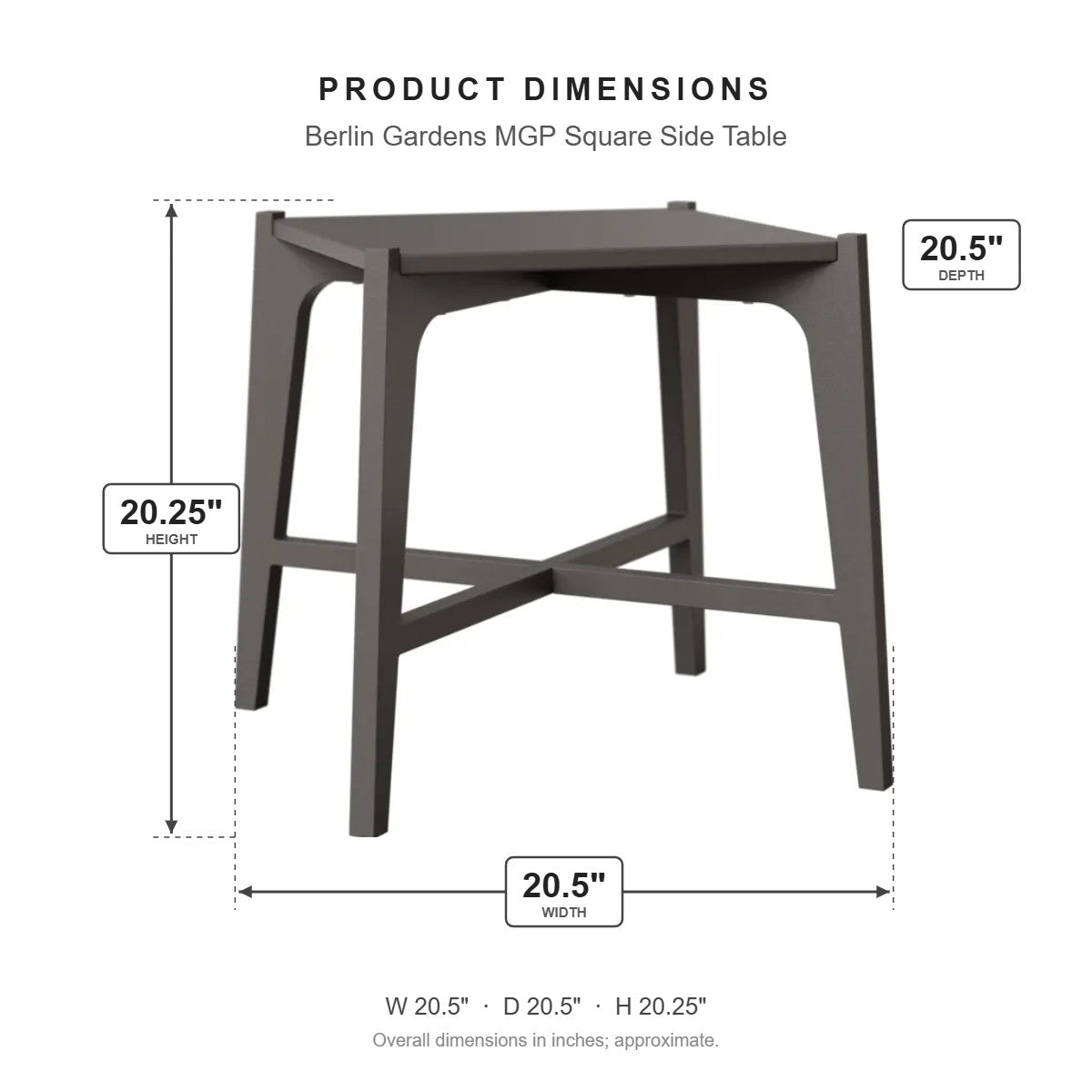 Berlin Gardens MGP Square Side Table dimensions: 20.5 in W x 20.5 in D x 20.25 in H