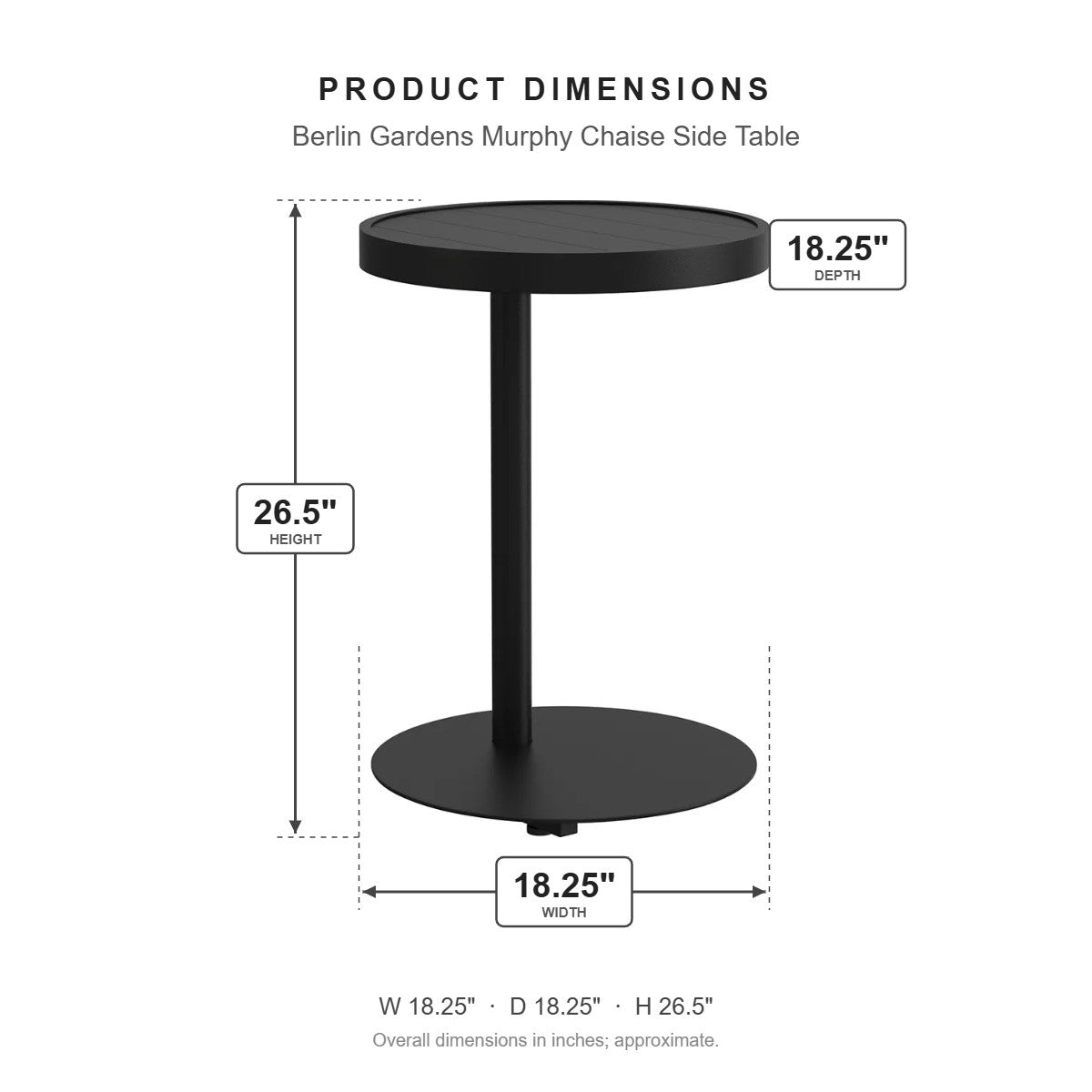 Berlin Gardens Murphy Chaise Side Table dimensions: 18.25 in W x 18.25 in D x 26.5 in H