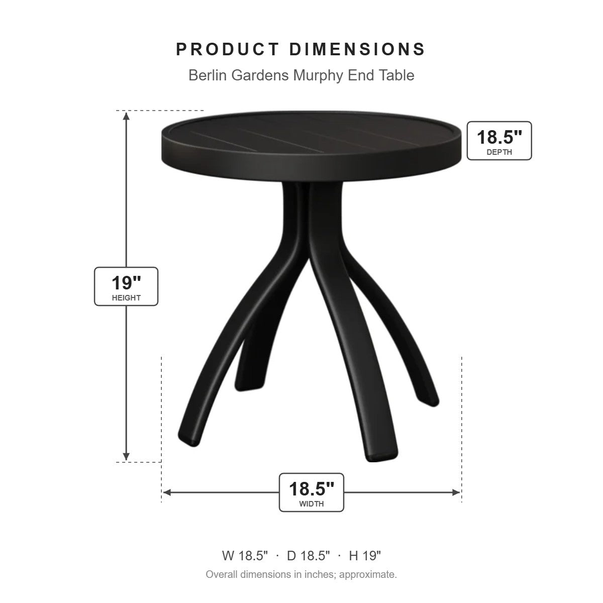 Berlin Gardens Murphy End Table dimensions: 18.5 in W x 18.5 in D x 19 in H