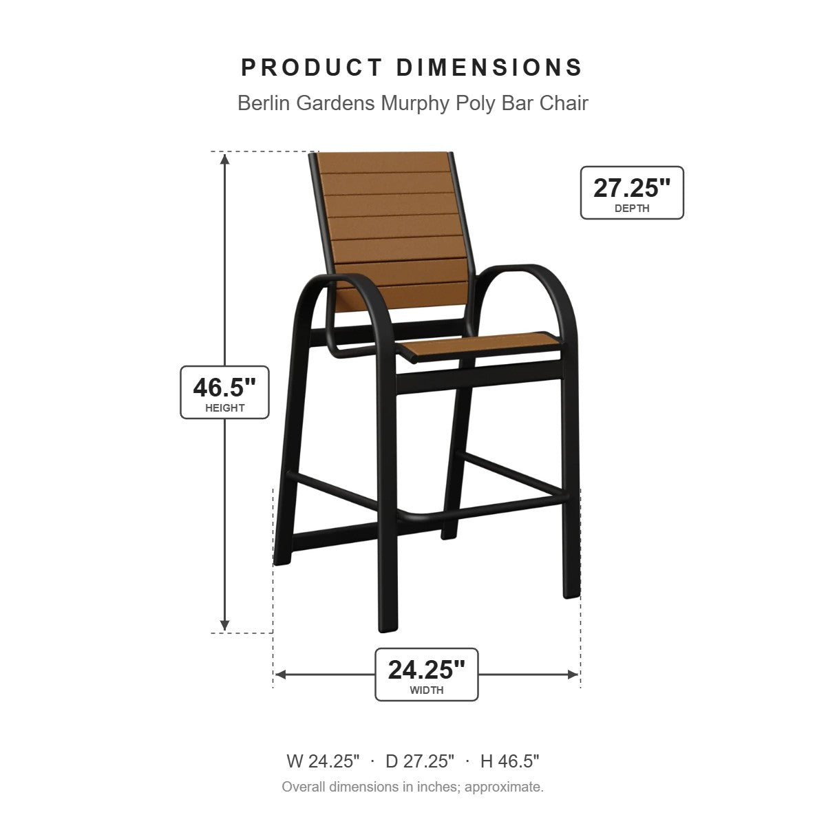 Berlin Gardens Murphy Poly Bar Chair dimensions: 24.25 in W x 27.333333333333332 in D x 46.5 in H