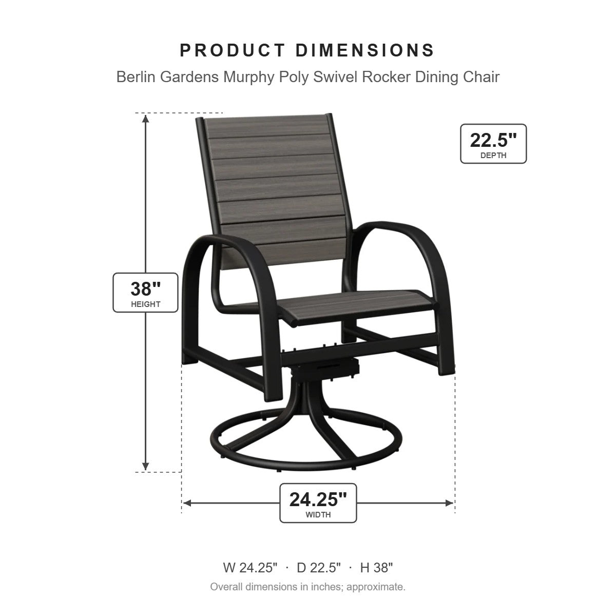 Berlin Gardens Murphy Poly Swivel Rocker Dining Chair dimensions: 24.25 in W x 22.5 in D x 38 in H