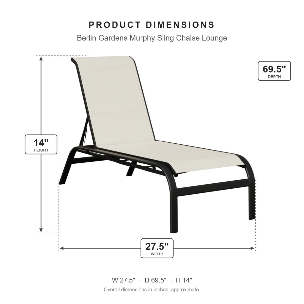 Berlin Gardens Murphy Sling Chaise Lounge dimensions: 27.5 in W x 69.5 in D x 14 in H