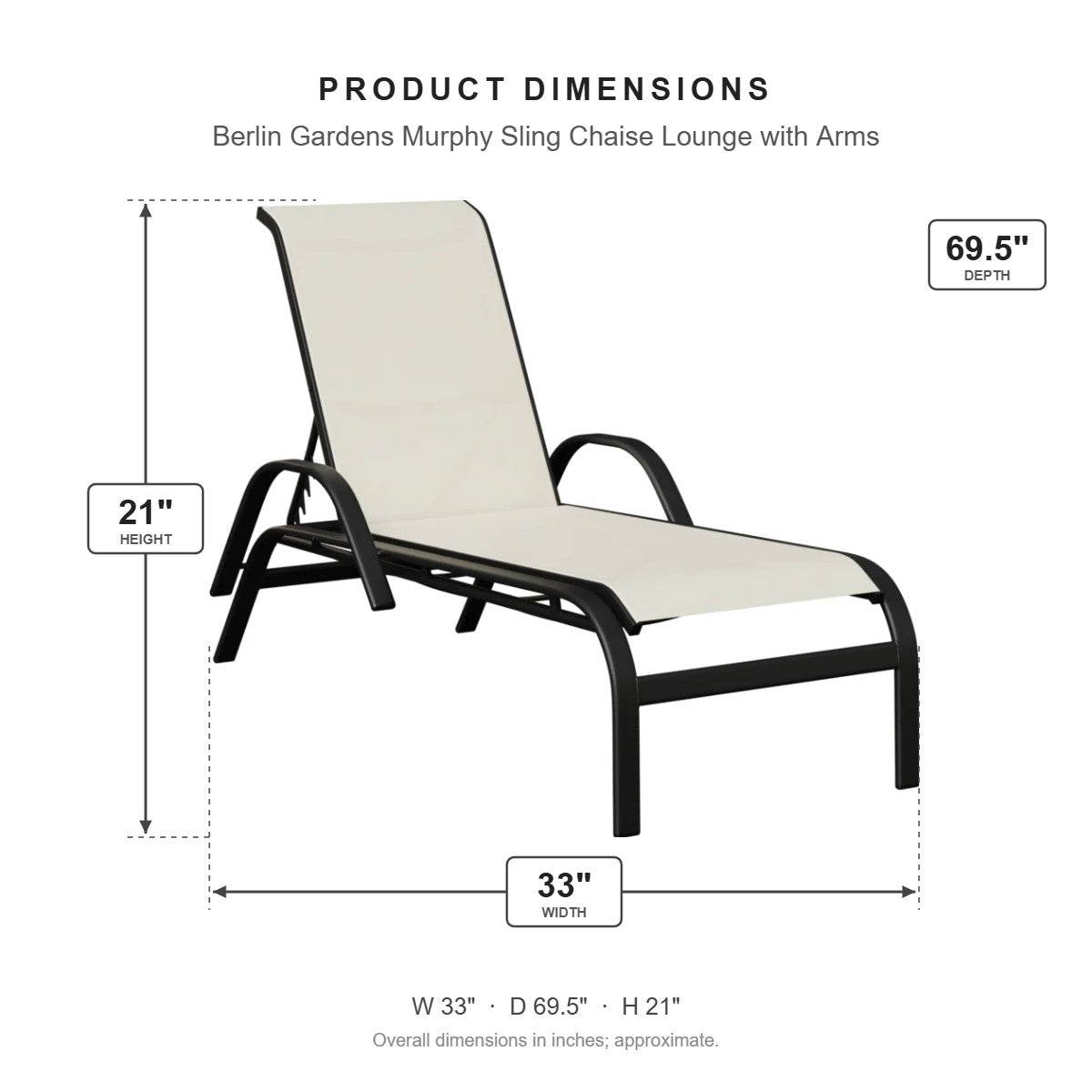 Berlin Gardens Murphy Sling Chaise Lounge with Arms dimensions: 33 in W x 69.5 in D x 21 in H