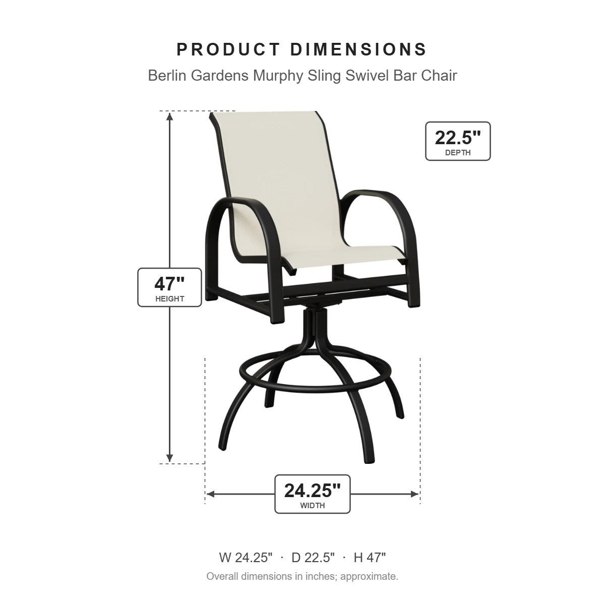 Berlin Gardens Murphy Sling Swivel Bar Chair dimensions: 24.25 in W x 22.375 in D x 47 in H