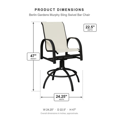 Berlin Gardens Murphy Sling Swivel Bar Chair dimensions: 24.25 in W x 22.375 in D x 47 in H