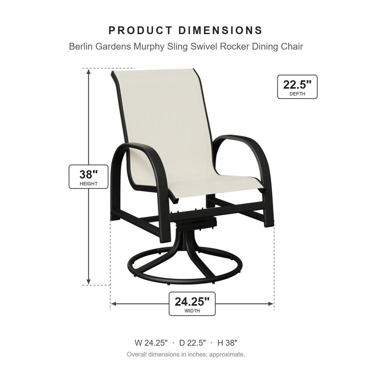 Berlin Gardens Murphy Sling Swivel Rocker Dining Chair dimensions: 24.25 in W x 22.5 in D x 38 in H