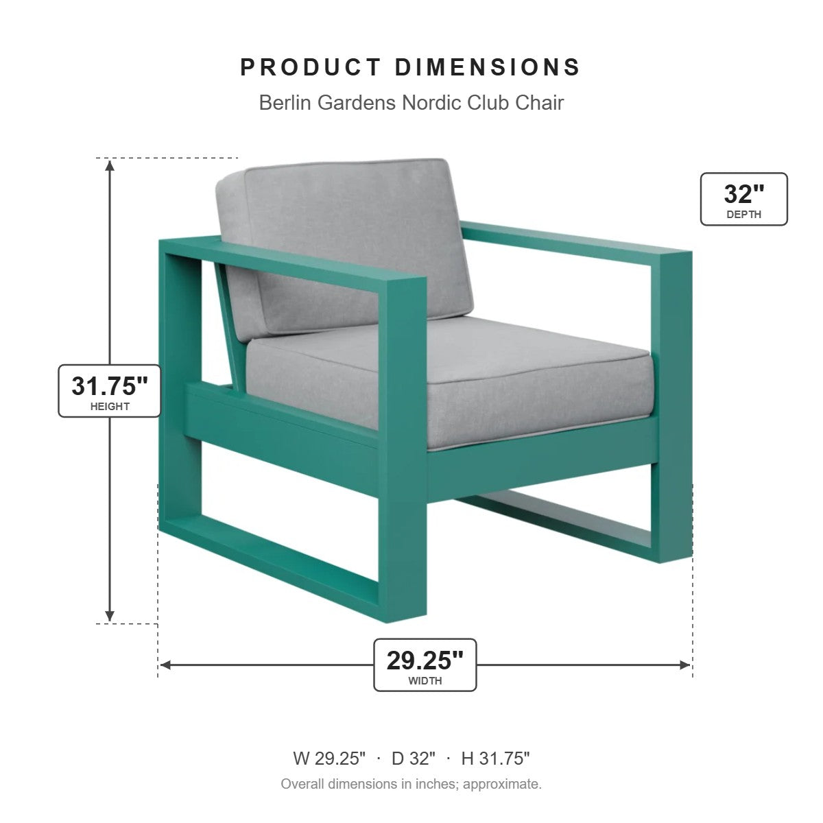 Berlin Gardens Nordic Club Chair dimensions: 29.25 in W x 32 in D x 31.75 in H