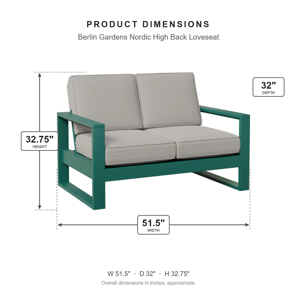 Berlin Gardens Nordic High Back Loveseat dimensions: 51.5 in W x 32 in D x 32.75 in H
