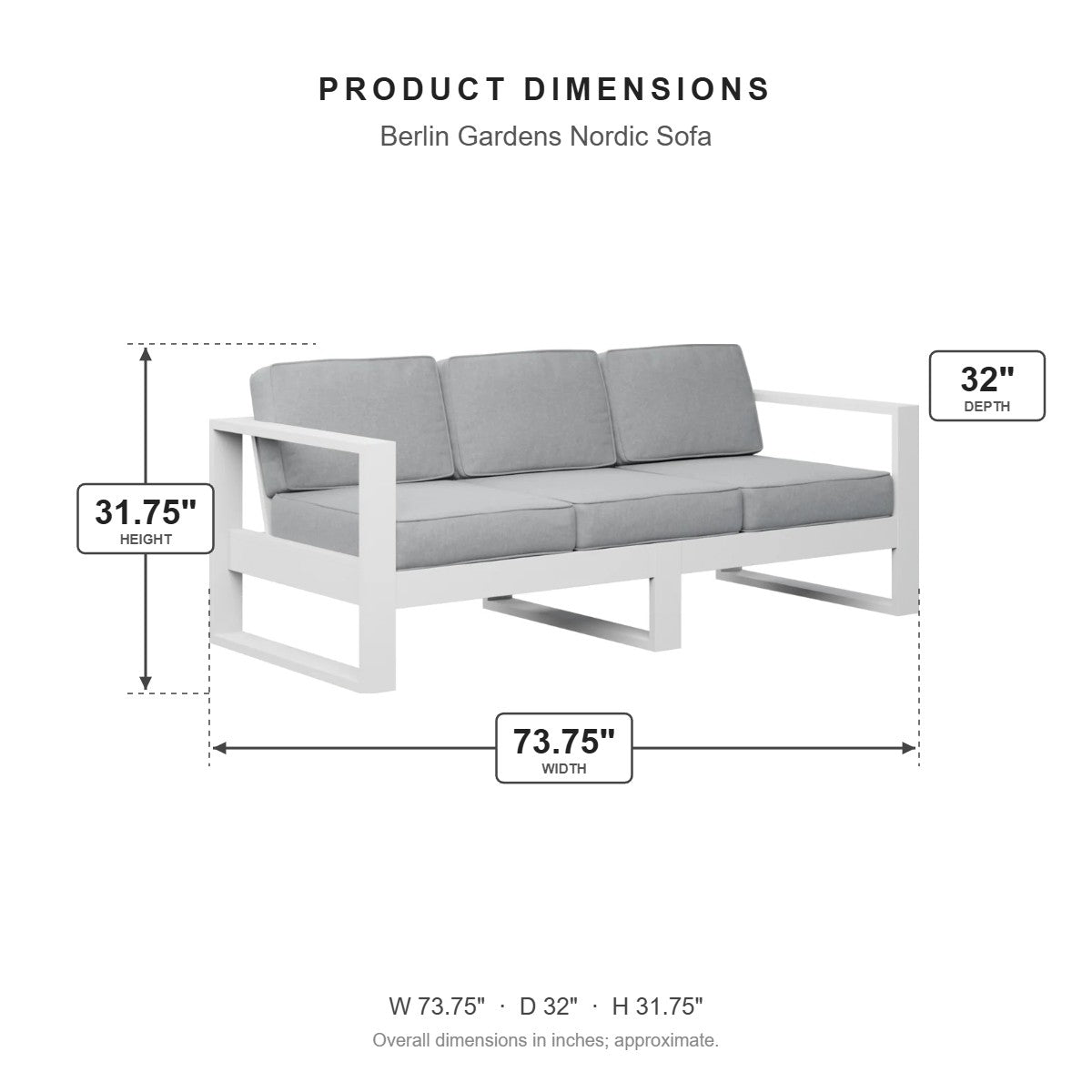 Berlin Gardens Nordic Sofa dimensions: 73.75 in W x 32 in D x 31.75 in H