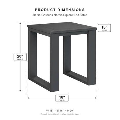 Berlin Gardens Nordic Square End Table dimensions: 18 in W x 18 in D x 19.875 in H