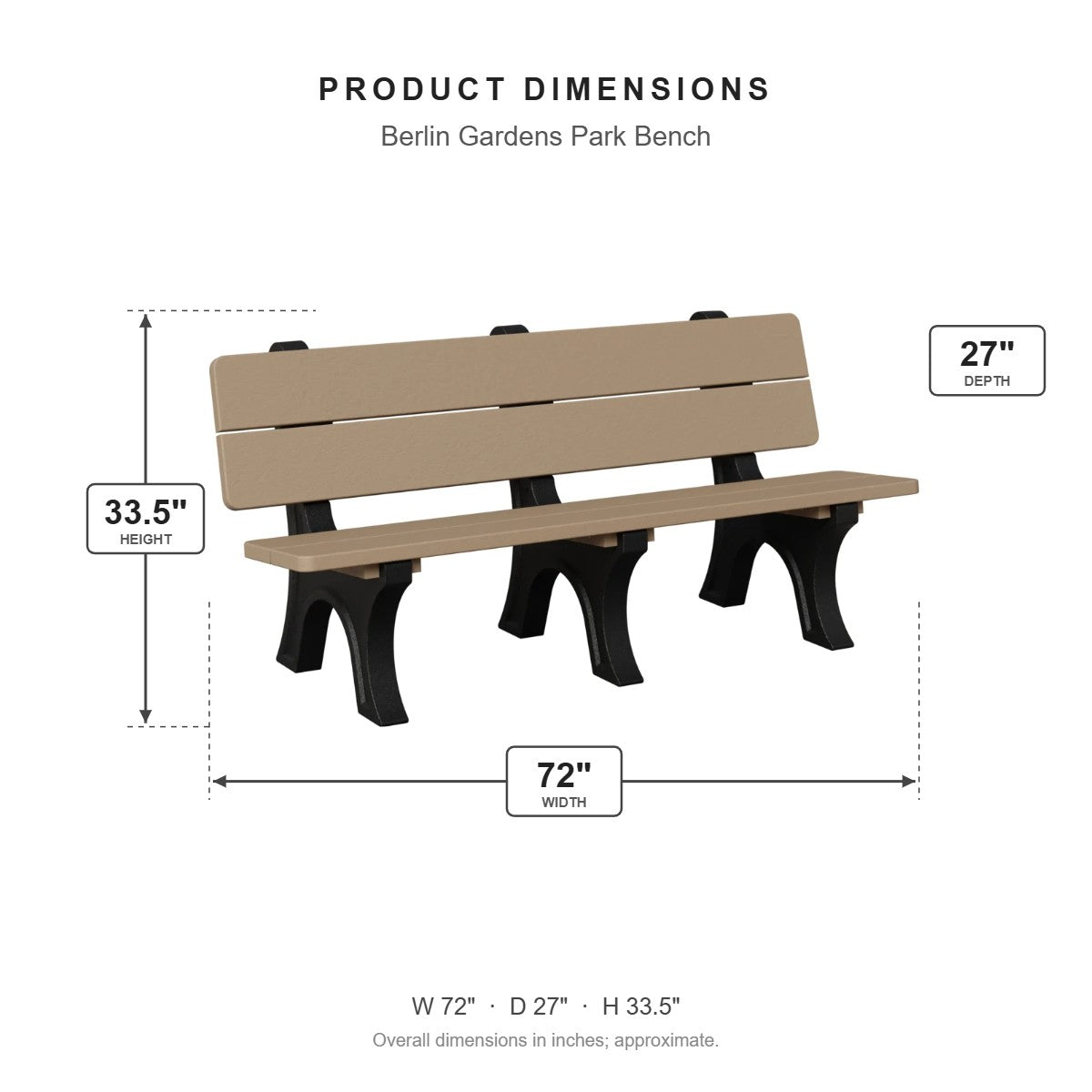 Berlin Gardens Park Bench dimensions: 72 in W x 27 in D x 33.5 in H