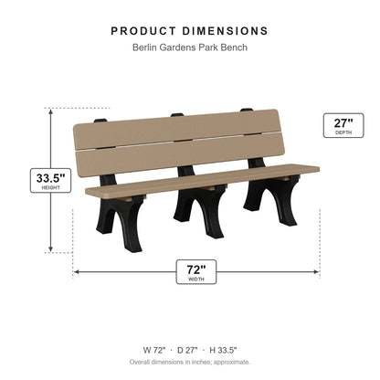 Berlin Gardens Park Bench dimensions: 72 in W x 27 in D x 33.5 in H