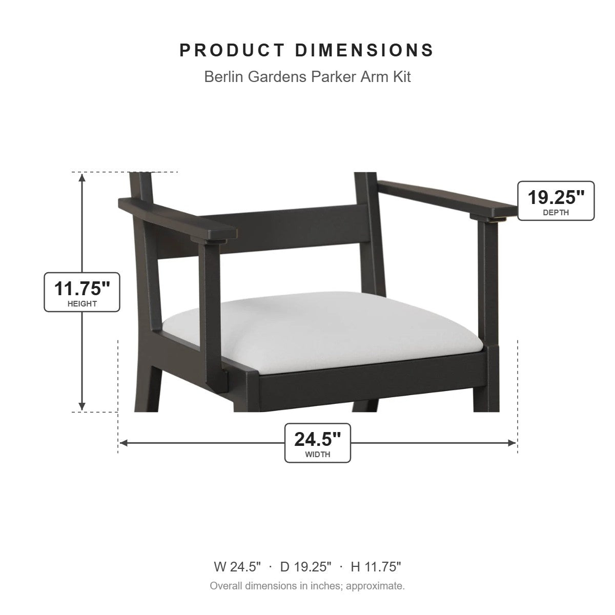 Berlin Gardens Parker Arm Kit dimensions: 24.5 in W x 19.25 in D x 11.75 in H