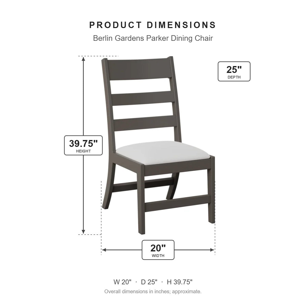 Berlin Gardens Parker Dining Chair dimensions: 20 in W x 25 in D x 39.75 in H
