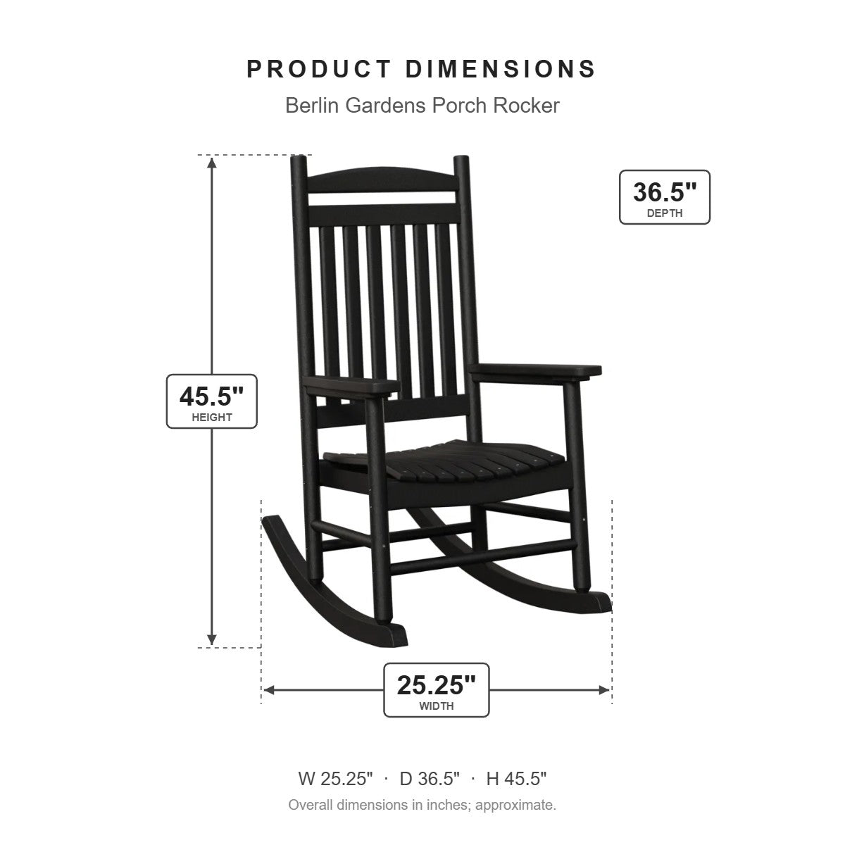 Berlin Gardens Porch Rocker dimensions: 25.25 in W x 36.5 in D x 45.5 in H
