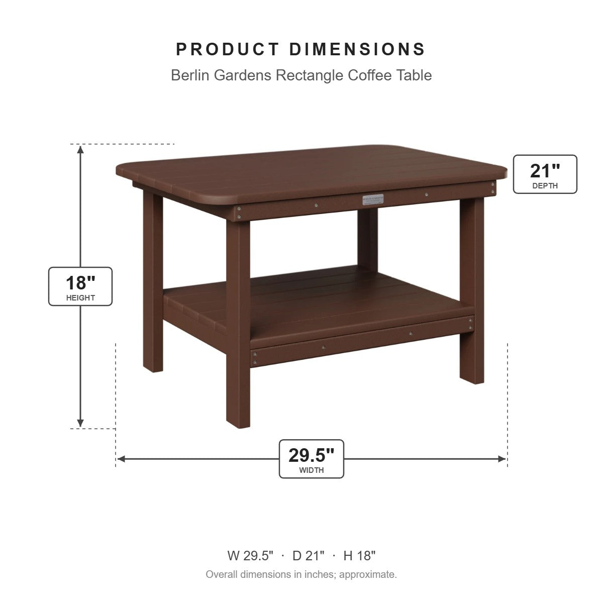Berlin Gardens Rectangle Coffee Table dimensions: 29.5 in W x 21 in D x 18 in H